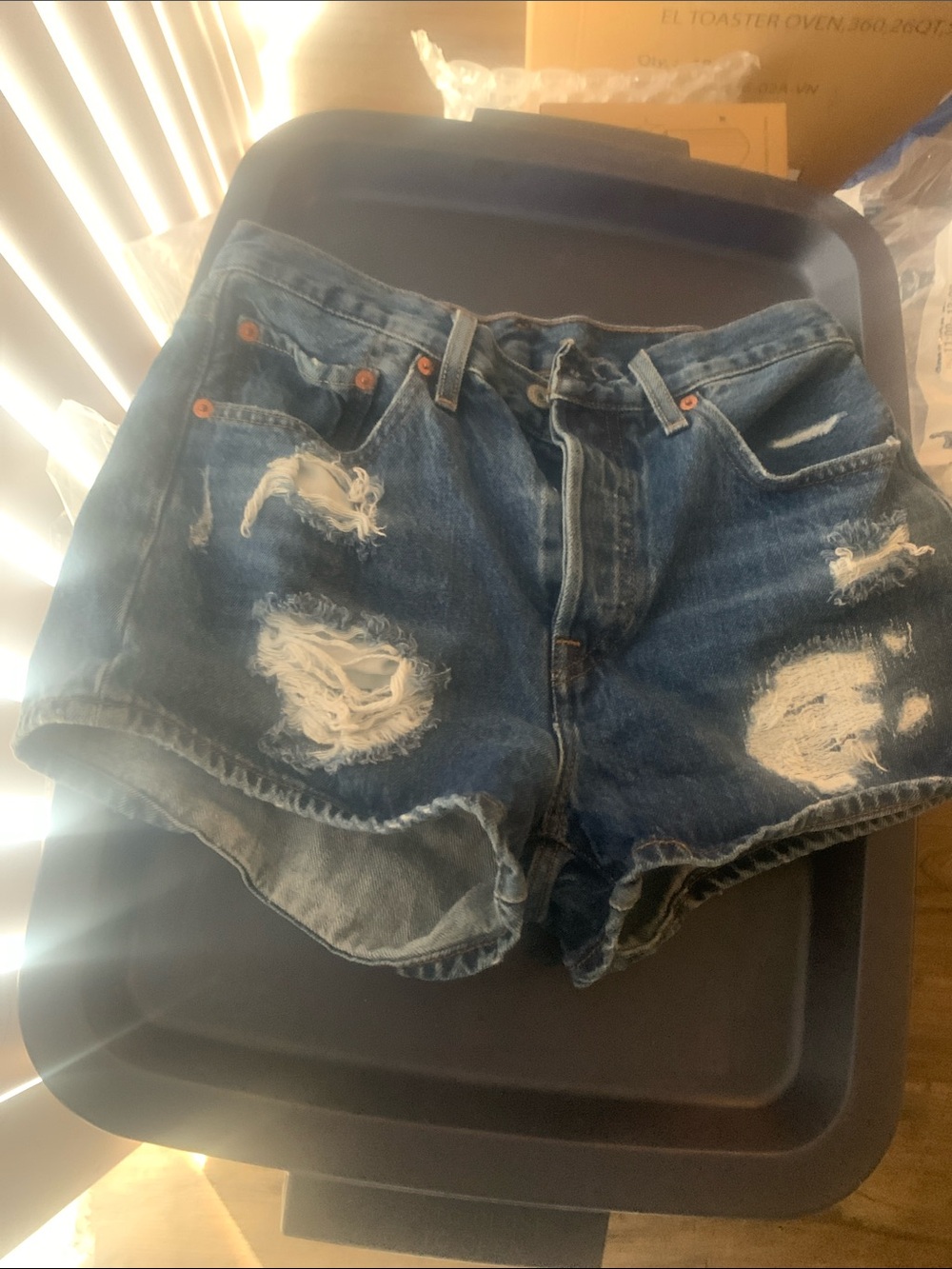 Levi's Distressed Dark Blue Denim Cutoff Shorts - Picture 7 of 8